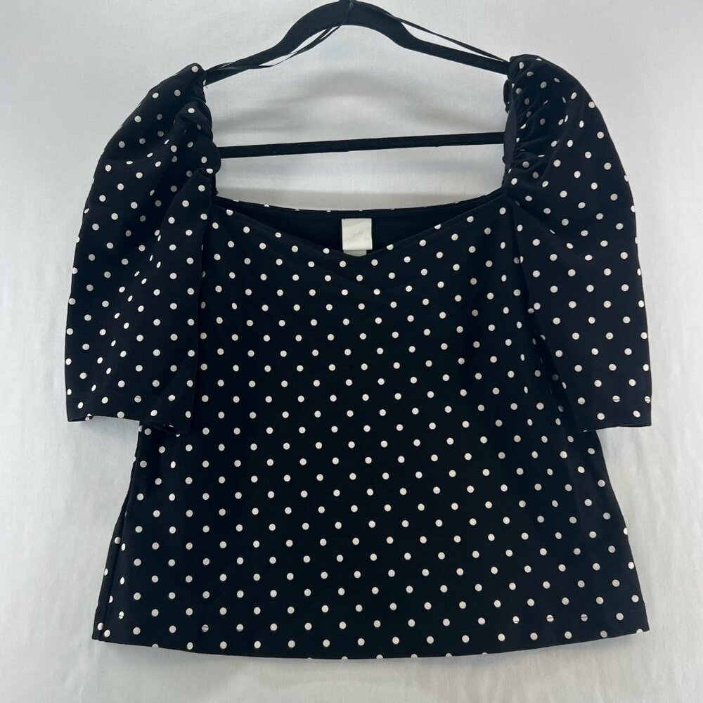H&M Polka Dot Puff Sleeve Top Womens L Square Neck Blouse Stretchy Black White